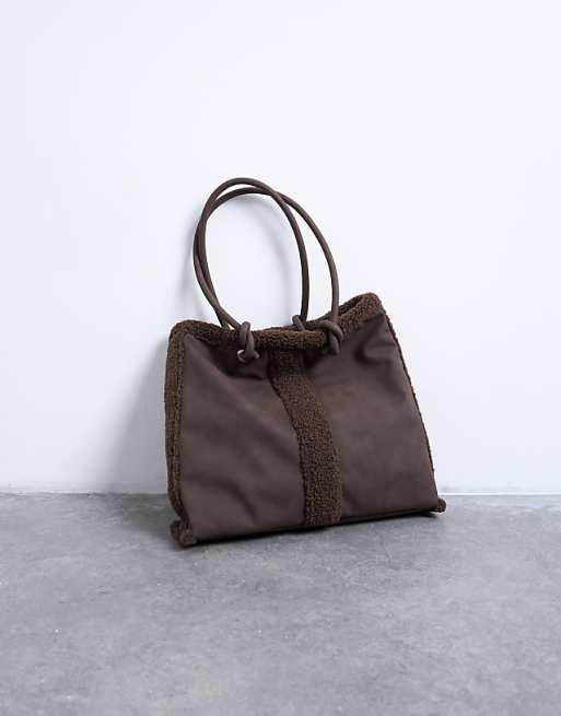 Topshop Tate Shearling Tote Bag In Chocolate