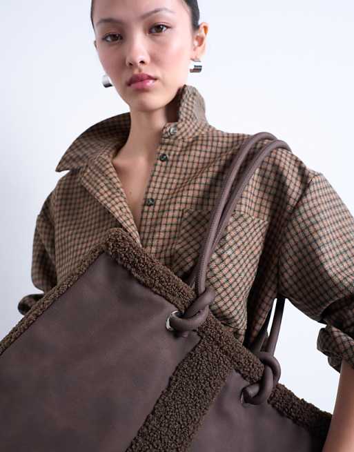 Topshop Tate Shearling Tote Bag In Chocolate