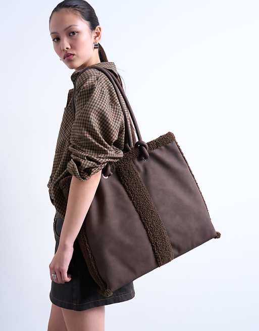 Topshop Tate Shearling Tote Bag In Chocolate