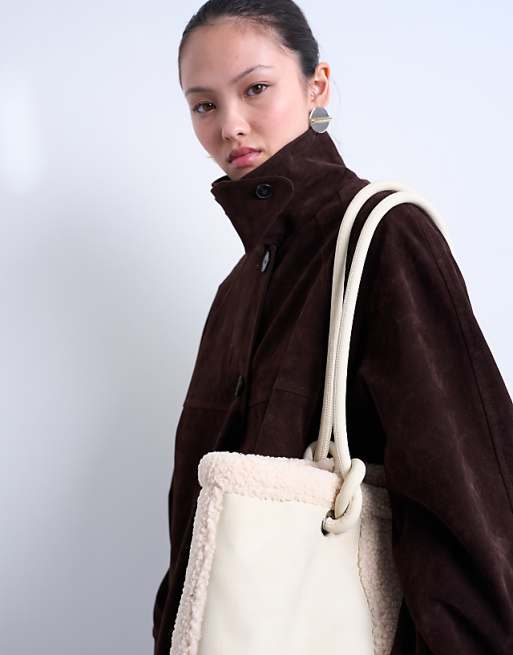Topshop Tate Shearling Tote Bag In Off White