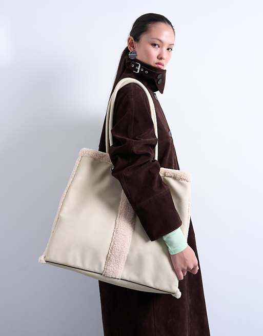 Topshop Tate shearling tote bag in off white