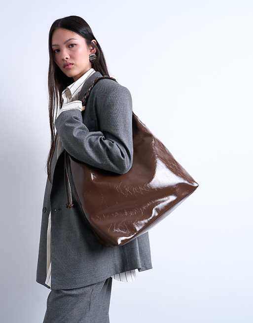 Topshop Tatum whipstitch tote bag in chocolate
