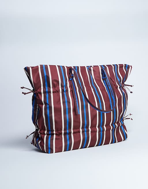 Topshop Tino Nylon Ruched Tote Bag In Burgundy Stripe