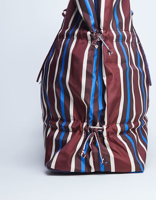 Topshop Tino Nylon Ruched Tote Bag In Burgundy Stripe