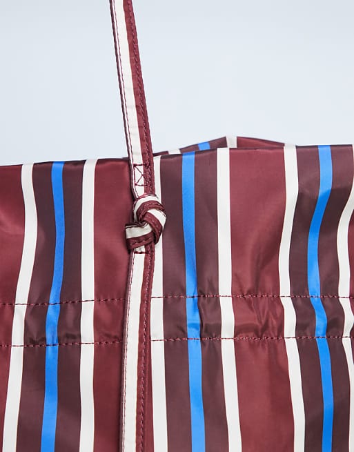 Topshop Tino Nylon Ruched Tote Bag In Burgundy Stripe