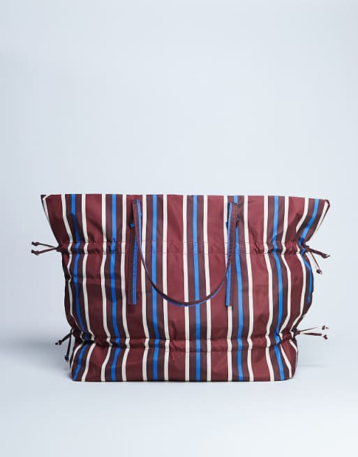 Topshop Tino nylon ruched tote bag in burgundy stripe