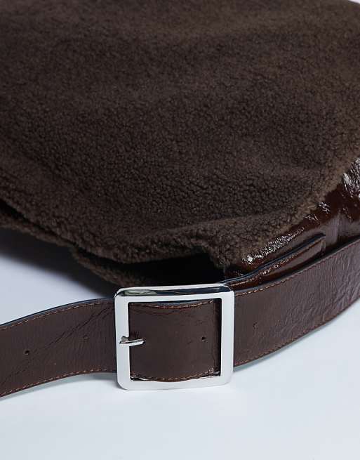 Topshop Tish Shealing Tote Bag With Contrast Strap In Chocolate