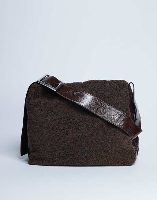 Topshop Tish Shealing Tote Bag With Contrast Strap In Chocolate
