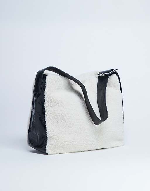 Topshop Tish shealing tote bag with contrast strap in cream & black
