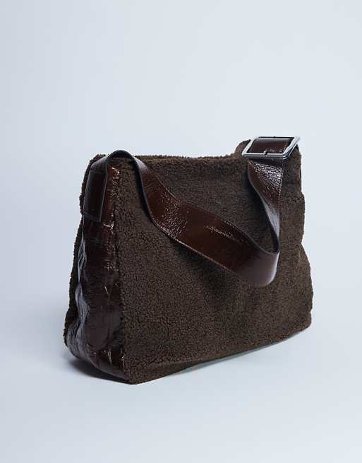 Topshop Tish shealing tote bag with contrast strap in chocolate