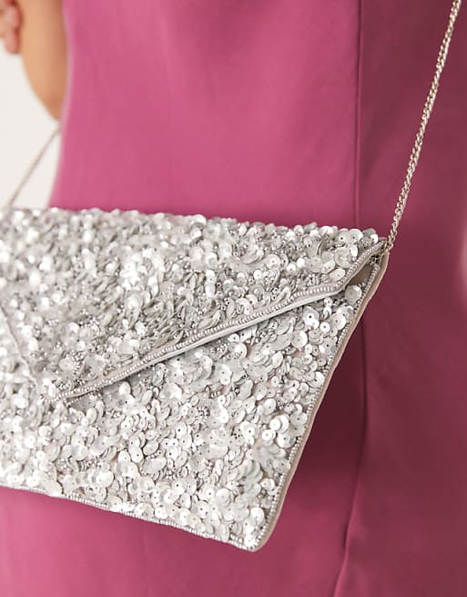 True Decadence All Over Sequin Envelope Clutch Bag In Silver