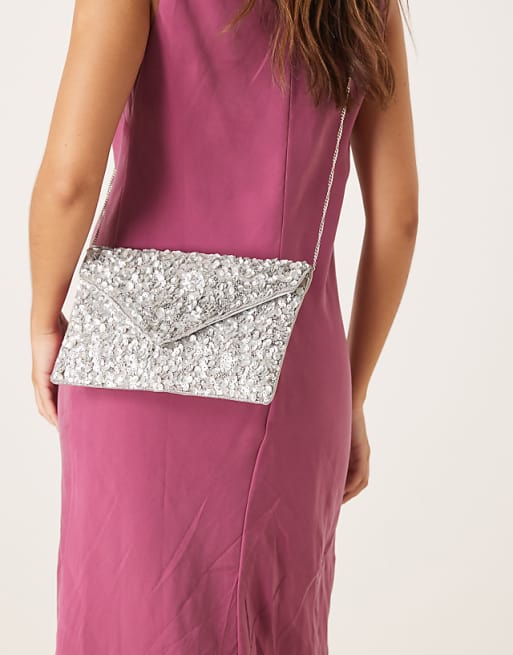 True Decadence All Over Sequin Envelope Clutch Bag In Silver
