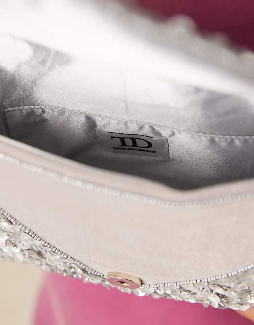 True Decadence All Over Sequin Envelope Clutch Bag In Silver