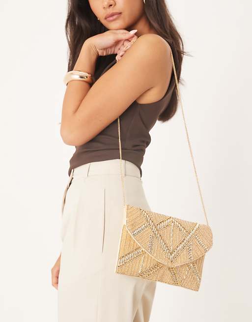 True Decadence Beaded Envelope Clutch With Crossbody Strap In Gold