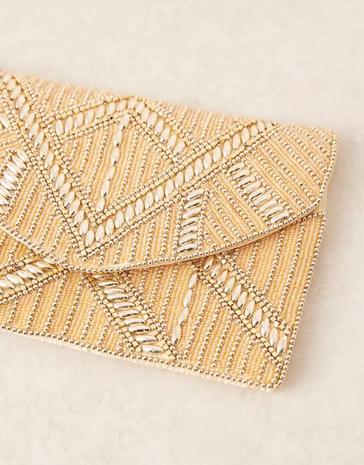 True Decadence Beaded Envelope Clutch With Crossbody Strap In Gold