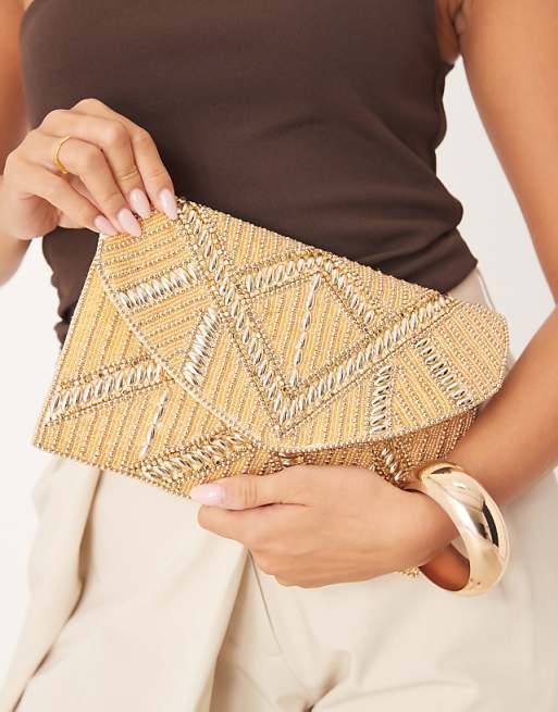 True Decadence beaded envelope clutch with crossbody strap in gold