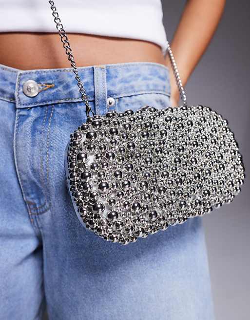 True Decadence Beaded Hard Clutch Bag In Silver
