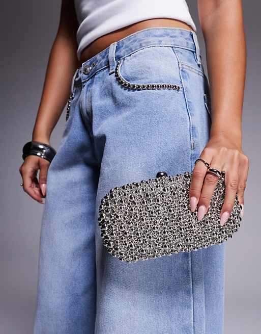 True Decadence beaded hard clutch bag in silver