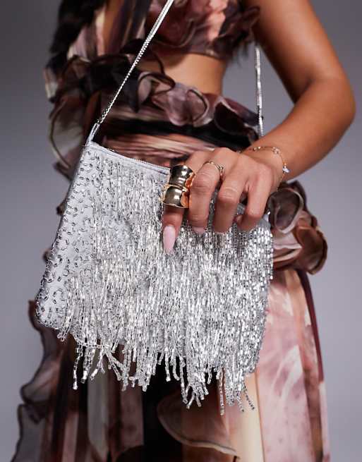 True Decadence Embellished Tassle Clutch Bag In Silver