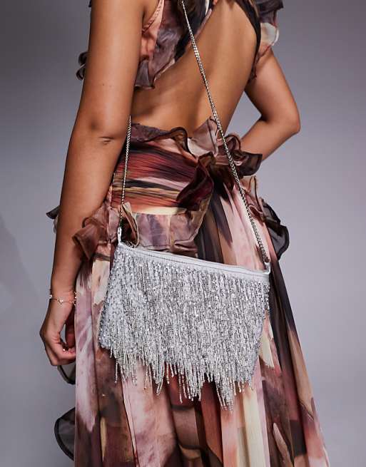 True Decadence Embellished Tassle Clutch Bag In Silver