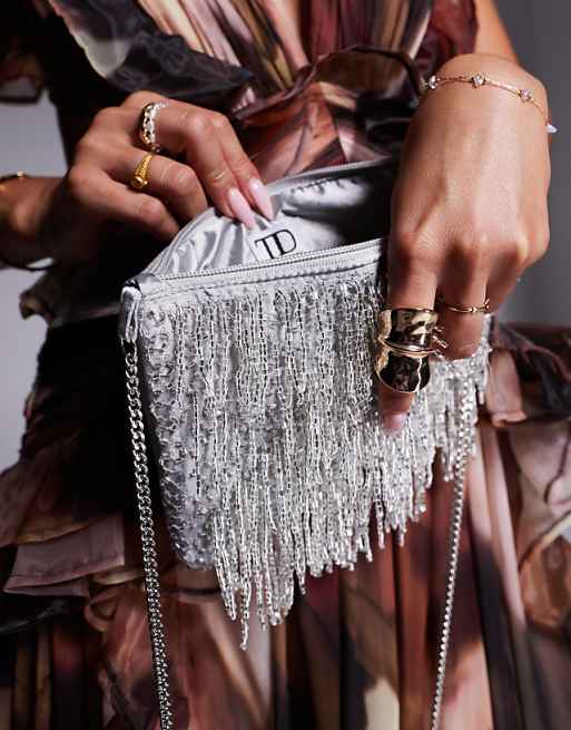 True Decadence Embellished Tassle Clutch Bag In Silver