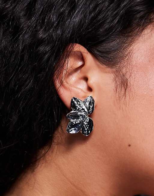 True Decadence fan petal statement earrings in silver