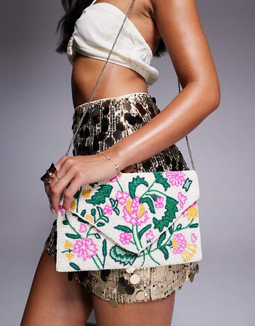 True Decadence flower beaded envelope clutch bag in multi