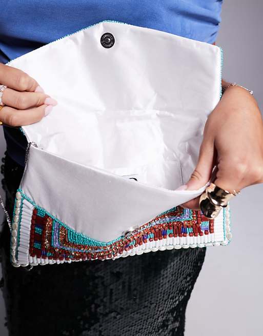 True Decadence Geometric Beaded Envelope Clutch Bag In Multi