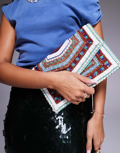 True Decadence Geometric Beaded Envelope Clutch Bag In Multi