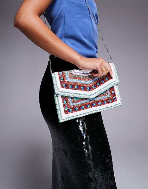 True Decadence Geometric Beaded Envelope Clutch Bag In Multi