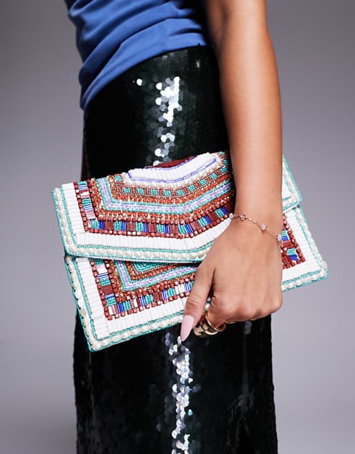 True Decadence geometric beaded envelope clutch bag in multi