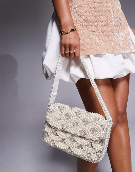 True Decadence Sequin And Pearl Shoulder Bag In White