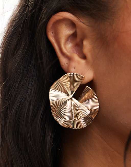 True Decadence statement round pleated stud earrings in gold