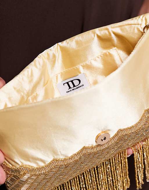 True Decadence Tassle Embellished Envelope Clutch Bag In Gold