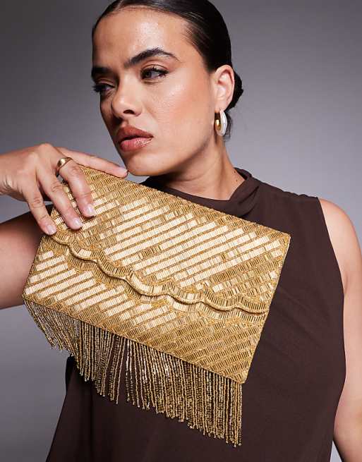 True Decadence Tassle Embellished Envelope Clutch Bag In Gold