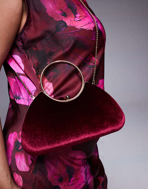 True Decadence Velvet Clutch Bag With Detachable Crossbody Strap In Burgundy And Gold