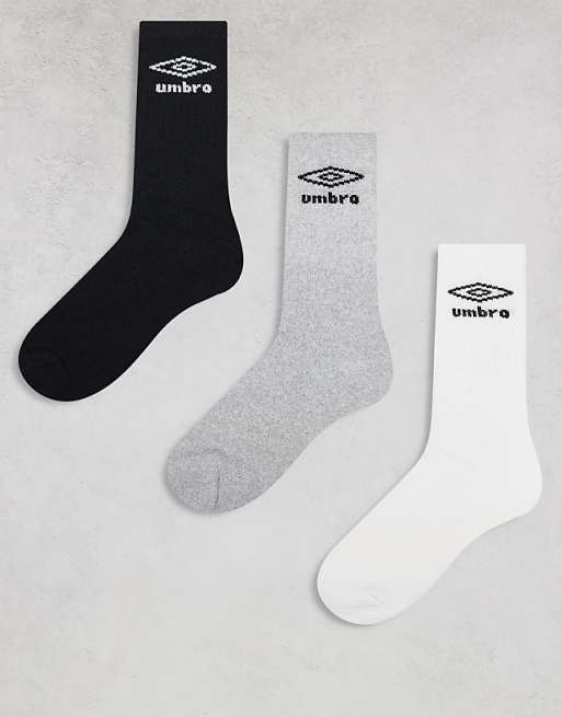 Umbro 3 pack crew socks in black grey and white