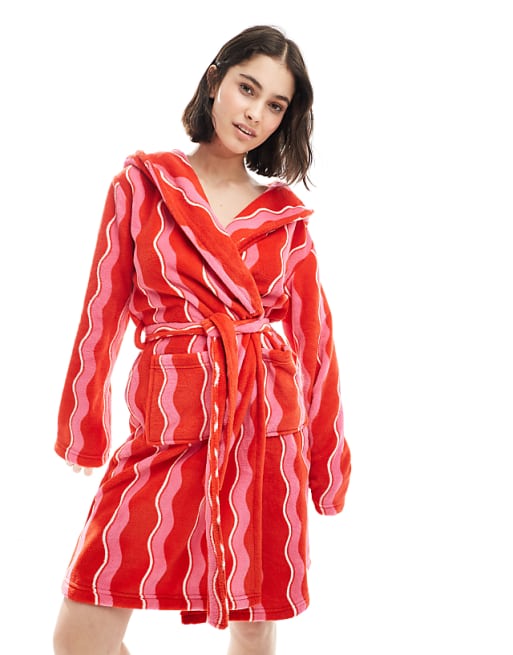 Urban Threads Christmas Fleece Dressing Gown In Wavy Red Stripe