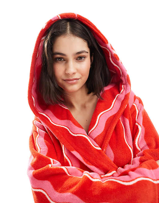Urban Threads Christmas Fleece Dressing Gown In Wavy Red Stripe