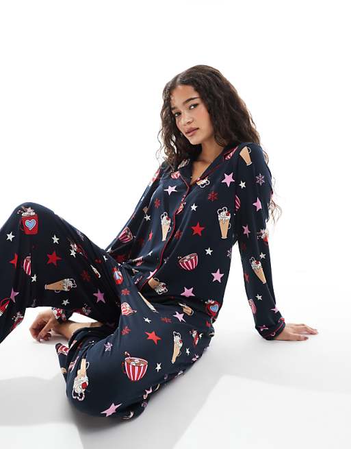 Urban Threads Christmas long sleeve revere and trouser pyjama set in hot chocolate print in navy