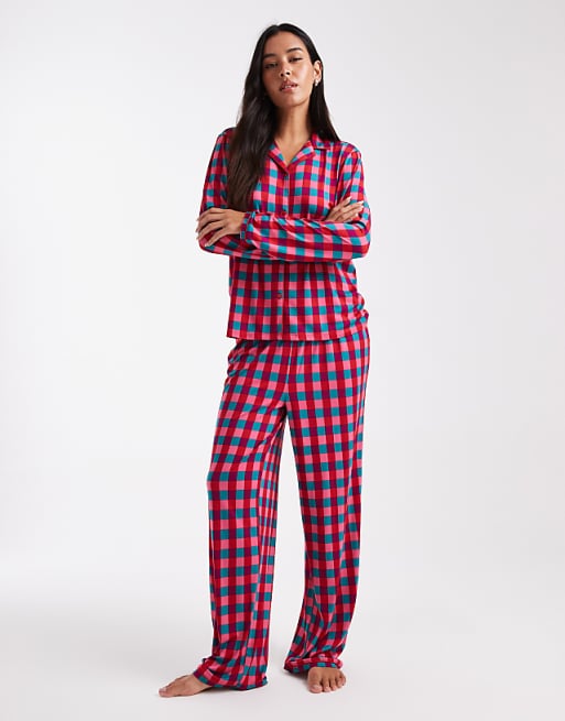 Urban Threads Christmas long sleeve revere and trouser pyjama set in red check print