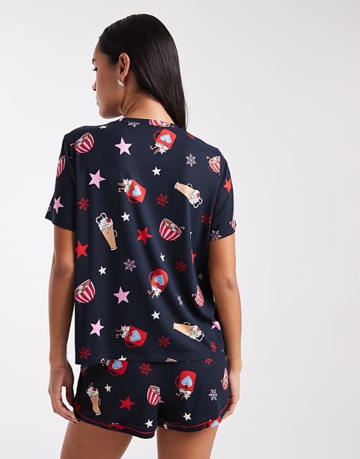 Urban Threads Christmas Short Sleeve And Short Pyjama Set In Hot Chocolate Print In Navy