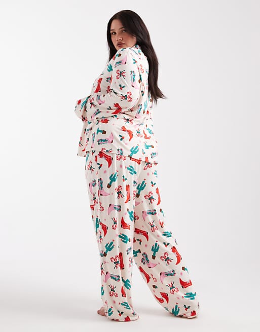Urban Threads Curve Christmas Long Sleeve Revere And Trouser Pyjama Set In Cowboy Print