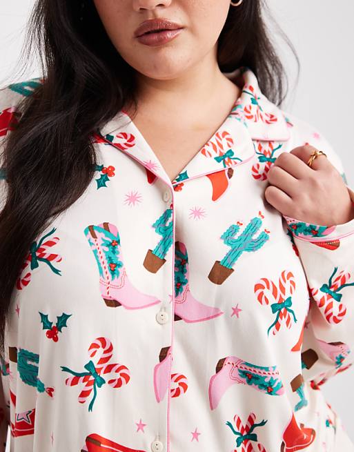 Urban Threads Curve Christmas Long Sleeve Revere And Trouser Pyjama Set In Cowboy Print