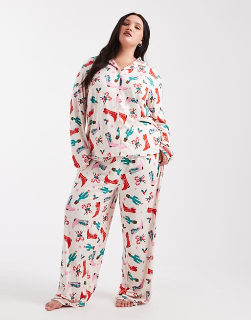Urban Threads Curve Christmas Long Sleeve Revere And Trouser Pyjama Set In Cowboy Print