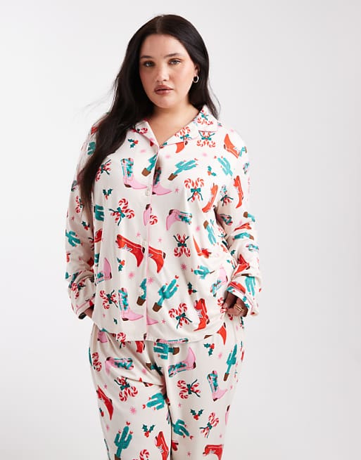 Urban Threads Curve Christmas long sleeve revere and trouser pyjama set in cowboy print