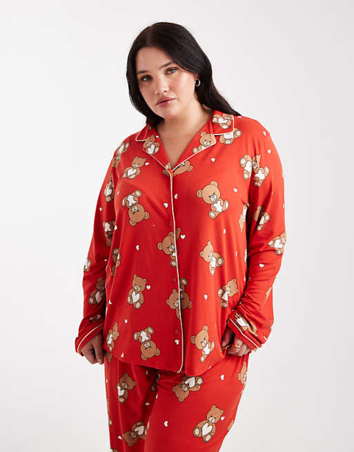 Urban Threads Curve Christmas Long Sleeve Revere And Trouser Pyjama Set In Teddy Print