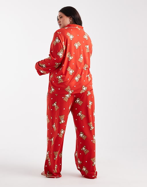 Urban Threads Curve Christmas Long Sleeve Revere And Trouser Pyjama Set In Teddy Print