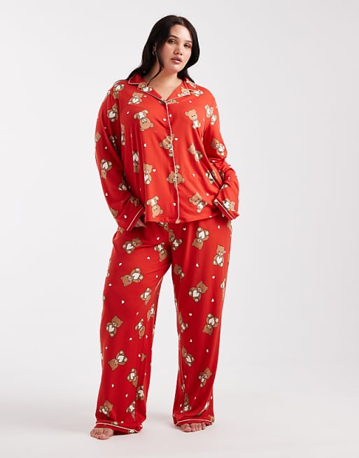 Urban Threads Curve Christmas long sleeve revere and trouser pyjama set in teddy print
