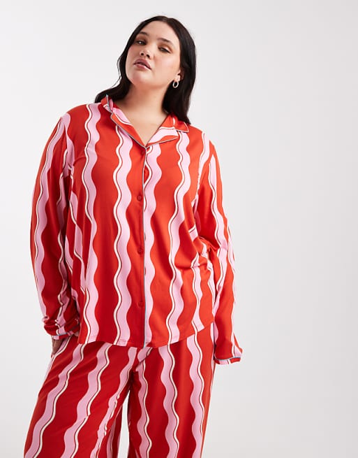 Urban Threads Curve Christmas long sleeve revere and trouser pyjama set in wavy red stripe